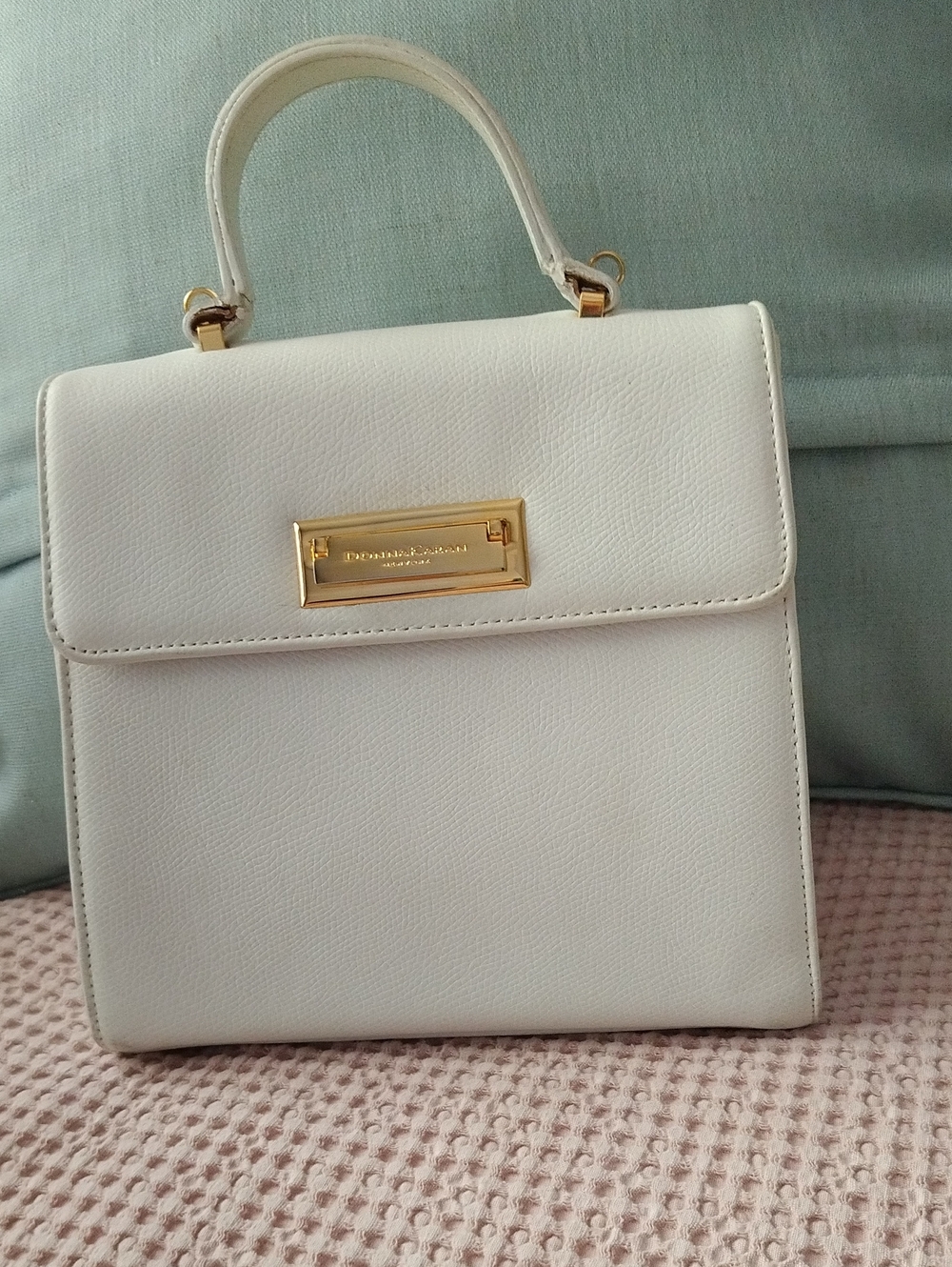 Donna Karan White Top-Handle Satchel with Gold Plate